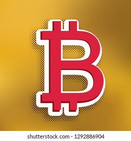 Bitcoin sign. Vector. Magenta icon with darker shadow, white sticker and black popart shadow on golden background.