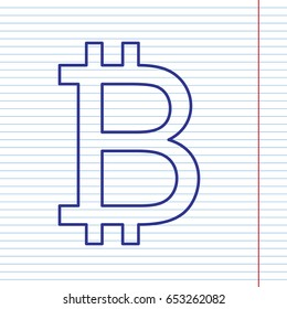Bitcoin sign. Vector. Navy line icon on notebook paper as background with red line for field.