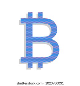 Bitcoin sign. Vector. Neon blue icon with cyclamen polka dots pattern with light gray shadow on white background. Isolated.