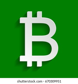 Bitcoin sign. Vector. Paper whitish icon with soft shadow on green background.