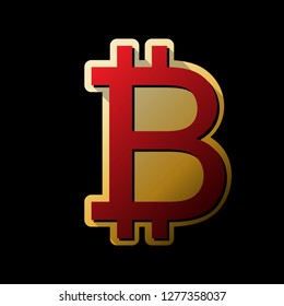 Bitcoin sign. Vector. Red icon with small black and limitless shadows at golden sticker on black background.