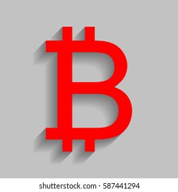 Bitcoin sign. Vector. Red icon with soft shadow on gray background.