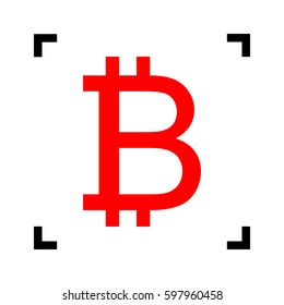 Bitcoin sign. Vector. Red icon inside black focus corners on white background. Isolated.