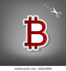Bitcoin sign. Vector. Red icon with for applique from paper with shadow on gray background with scissors.