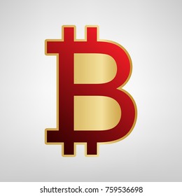Bitcoin sign. Vector. Red icon on gold sticker at light gray background.