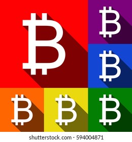 Bitcoin sign. Vector. Set of icons with flat shadows at red, orange, yellow, green, blue and violet background.
