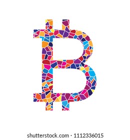 Bitcoin sign. Vector. Stained glass icon on white background. Colorful polygons. Isolated.