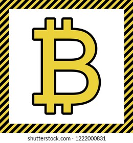 Bitcoin sign. Vector. Warm yellow icon with black contour in frame named as under construction at white background. Isolated.
