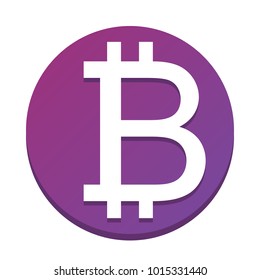 Bitcoin sign. Vector. White icon with flat shadow on purpureus circle at white background. Isolated.
