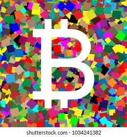 Bitcoin sign. Vector. White icon on colorful background with seamless pattern from squares.