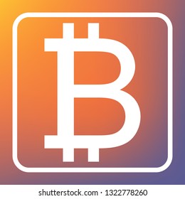 Bitcoin sign. Vector. White icon on transparent button at orange-violet gradient background.
