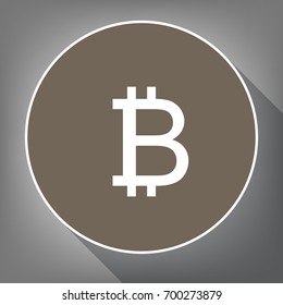 Bitcoin sign. Vector. White icon on brown circle with white contour and long shadow at gray background. Like top view on postament.