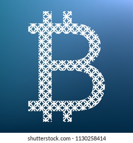 Bitcoin sign. Vector. White textured icon at lapis lazuli gradient background.