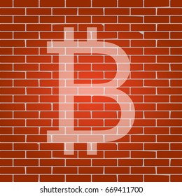 Bitcoin sign. Vector. Whitish icon on brick wall as background.