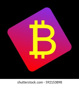 Bitcoin sign. Vector. Yellow icon at violet-red gradient square with rounded corners rotated for dynamics on black background.
