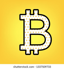 Bitcoin sign. Vector. Yellow polka dot white icon with black contour at warm yellow background.