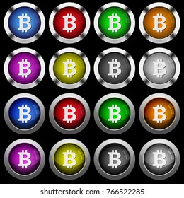 Bitcoin sign white icons in round glossy buttons with steel frames on black background. The buttons are in two different styles and eight colors.