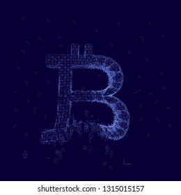 Bitcoin sign wireframe is destroyed into small pieces. 3D. Vector illustration.