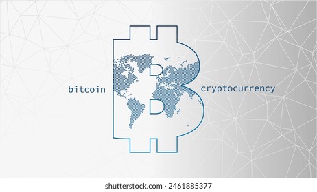 Bitcoin sign with world map. Triangle vector pattern. Blockchain technology, crypto currency symbol. Virtual money icon for business, finance, digital global trade, payment, worldwide, exchange