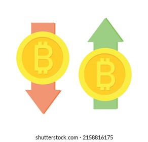 Bitcoin signs with rising and falling arrows. Positive and negative dynamics in crypto market - business, finance and analytics for bitcoin coin.