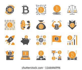 Bitcoin silhouette icons set. Isolated on white web sign kit of crypto currency Digital Money pictogram payment blockchain, scales, piggy bank Simple bitcoin contour symbol Vector Icon shape for stamp