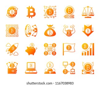 Bitcoin silhouette icons set. Isolated on white web sign kit of crypto currency. Digital Money pictogram collection includes rocket, cash, world market. Simple contour symbol of bitcoin vector icon