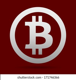 Bitcoin in silver color on dark red background with shadow