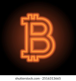 Bitcoin simple icon vector. Flat design. Orange neon on black background.ai