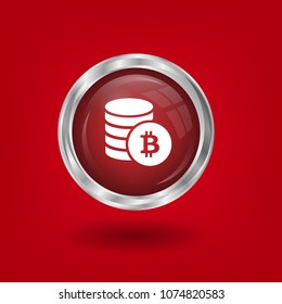 Bitcoin sings isolated on glossy red round button, vector illustration