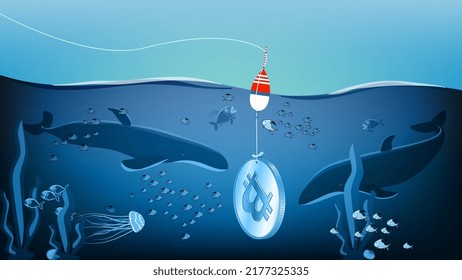 Bitcoin is sinking into the sea where the whales are waiting for it. Whales prey on sinking BTC, which is held on fishing line with float. Metaphor for banner or news. Vector illustration.