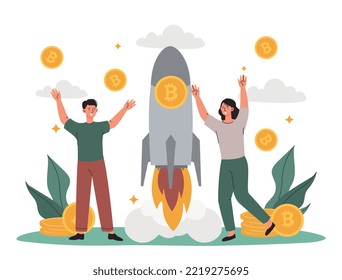 Bitcoin skyrocket concept. Cryptocurrency and blockchain technologies, financial literacy and passive income. Trading and investing, economics. People launch start up. Cartoon flat vector illustration