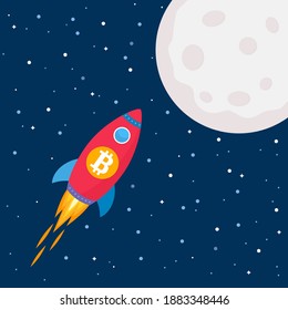 Bitcoin skyrocketed to the moon. cryptocurrency growth concept ether, ethereum and BTC. vector illustration