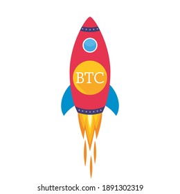 Bitcoin skyrocketed to the moon. cryptocurrency growth concept ether, ethereum and BTC. vector illustration