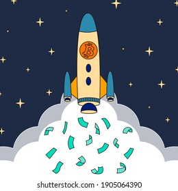 Bitcoin skyrocketing to the moon. cryptocurrency rising price concept. BTC wealth.