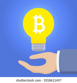Bitcoin smart idea concept. Bitcoin is a lamp in business man hand. Vector flat design banner.