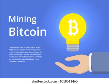 Bitcoin smart idea concept. Bitcoin is a lamp in business man hand. Vector flat design banner.