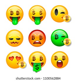 Bitcoin smiley emoji, emoticon smiling face, 3d, vector illustration