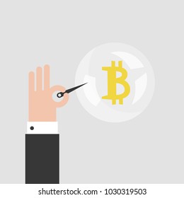 Bitcoin in a soap bubble. Crypto currency. Business concept. Hand holding a needle. Financial risks. Money. Flat editable vector illustration, clip art