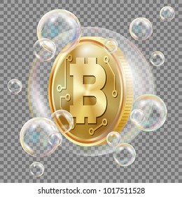 Bitcoin In Soap Bubble Vector.  Investment Risk. Price Market Value Going Down. Negative Growth Exchange Trading. Digital Money. Realistic Isolated Illustration
