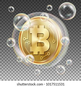 Bitcoin In Soap Bubble Vector.  Investment Risk. Bitcoin Crash Digital Money. Crypto Currency Market. Realistic Isolated Illustration
