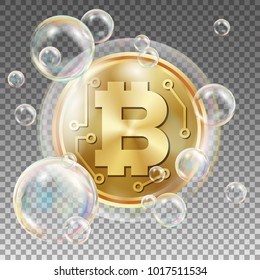 Bitcoin In Soap Bubble Vector.  Investment Risk. Collapse Of Crypto Currency. Bitcoin Price Drops.  Digital Money. Realistic Isolated Illustration
