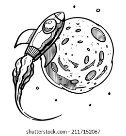 Bitcoin-Weltraumrakete, die sich einem Planeten nähert.