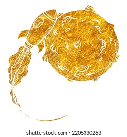 Bitcoin space rocket approaching a planet in gold foil texture vector illustration