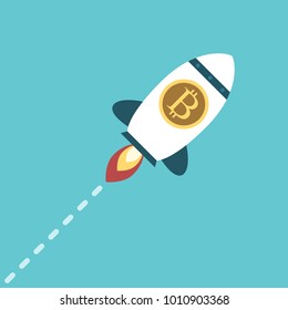 Bitcoin space rocket flying diagonally upwards on turquoise blue background. Economy, technology and currency concept. Flat design. Vector illustration, no transparency, no gradients