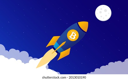 Bitcoin spaceship flying to the moon - Rocket launching with crypto currency and flying upwards. Rising price and value metaphor, vector illustration.