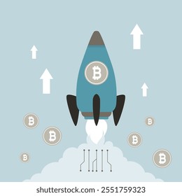 Nave espacial Bitcoin volando en el cielo. Lanzamiento de cohete con criptomoneda y vuelo hacia arriba. inversionista de criptomonedas se enriqueció con el concepto de comercio de alto valor de crecimiento. Aumento del Precio y el valor. Vector plano