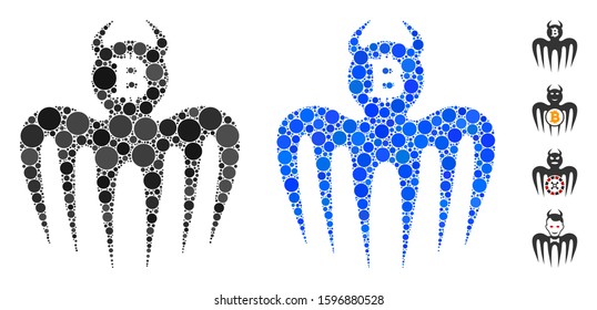 Bitcoin spectre devil composition of filled circles in variable sizes and shades, based on Bitcoin spectre devil icon. Vector random circles are grouped into blue mosaic.