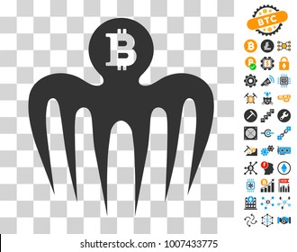 Bitcoin Spectre Monster icon with bonus bitcoin mining and blockchain pictograms. Vector illustration style is flat iconic symbols. Designed for crypto-currency websites.