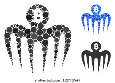 Bitcoin spectre monster mosaic of small circles in variable sizes and shades, based on Bitcoin spectre monster icon. Vector small circles are united into blue mosaic.