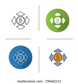Bitcoin spending icon. Flat design, linear and color styles. Bitcoin currency with all direction arrows. Expanses. Isolated vector illustrations